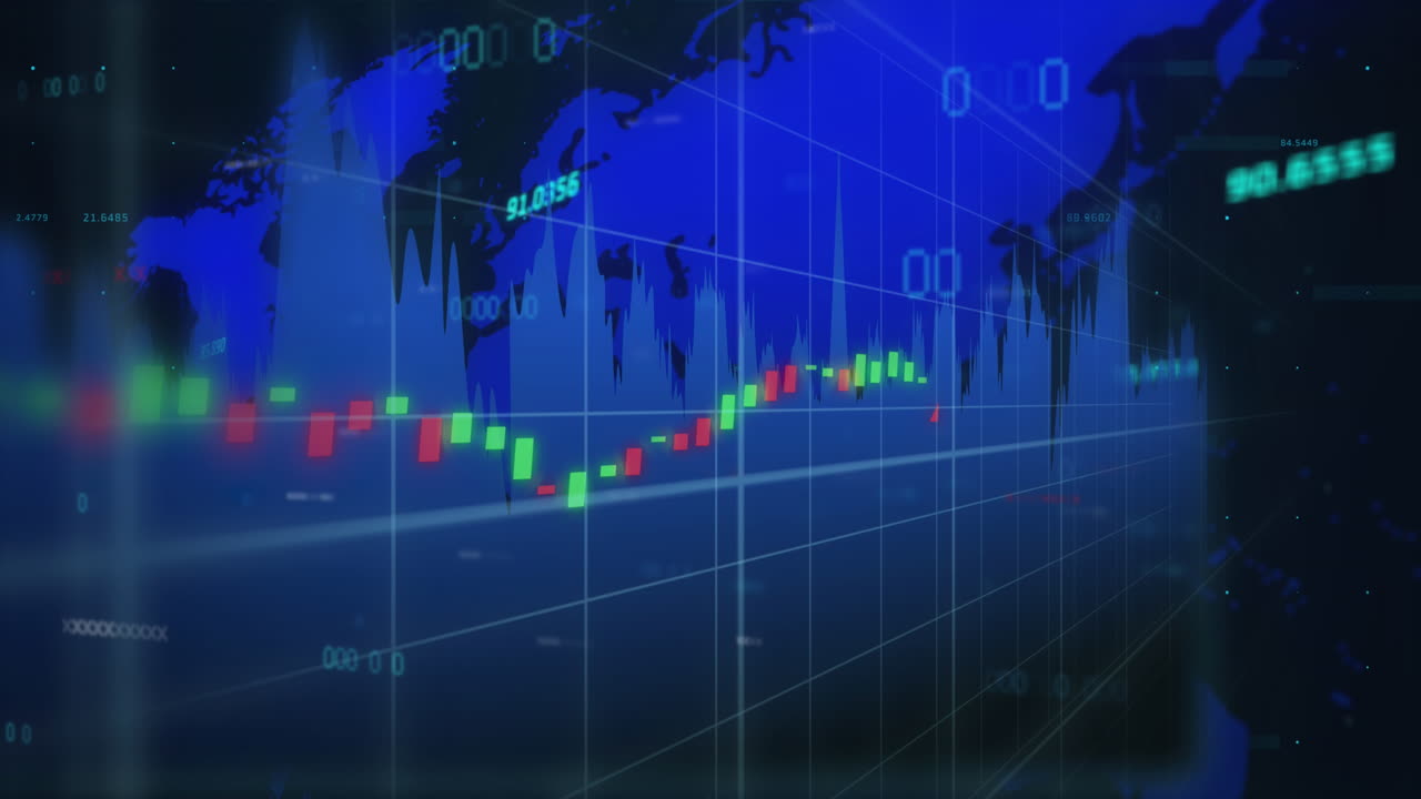animación de gráficos multicolores con números sobre el mapa contra un fondo negro