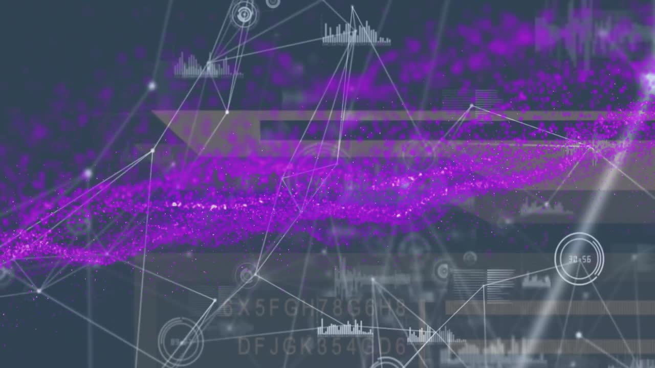 Animation of light spots over network of connections with data processing on black background