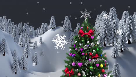 Animation-of-snow-falling-over-christmas-tree-and-fir-trees-on-grey-background