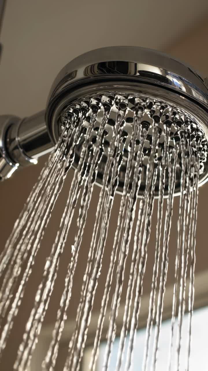 Close-up, low-angle shot of a showerhead with water streaming down, creating a refreshing and clean