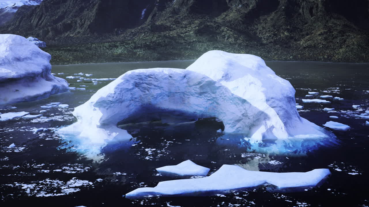 Majestic ice arch dominates a serene arctic landscape under soft sunlight