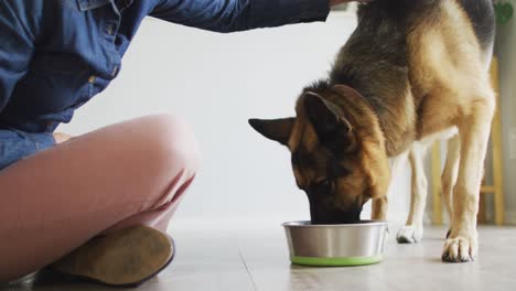 caucasian woman feeding her dog in the living room at home