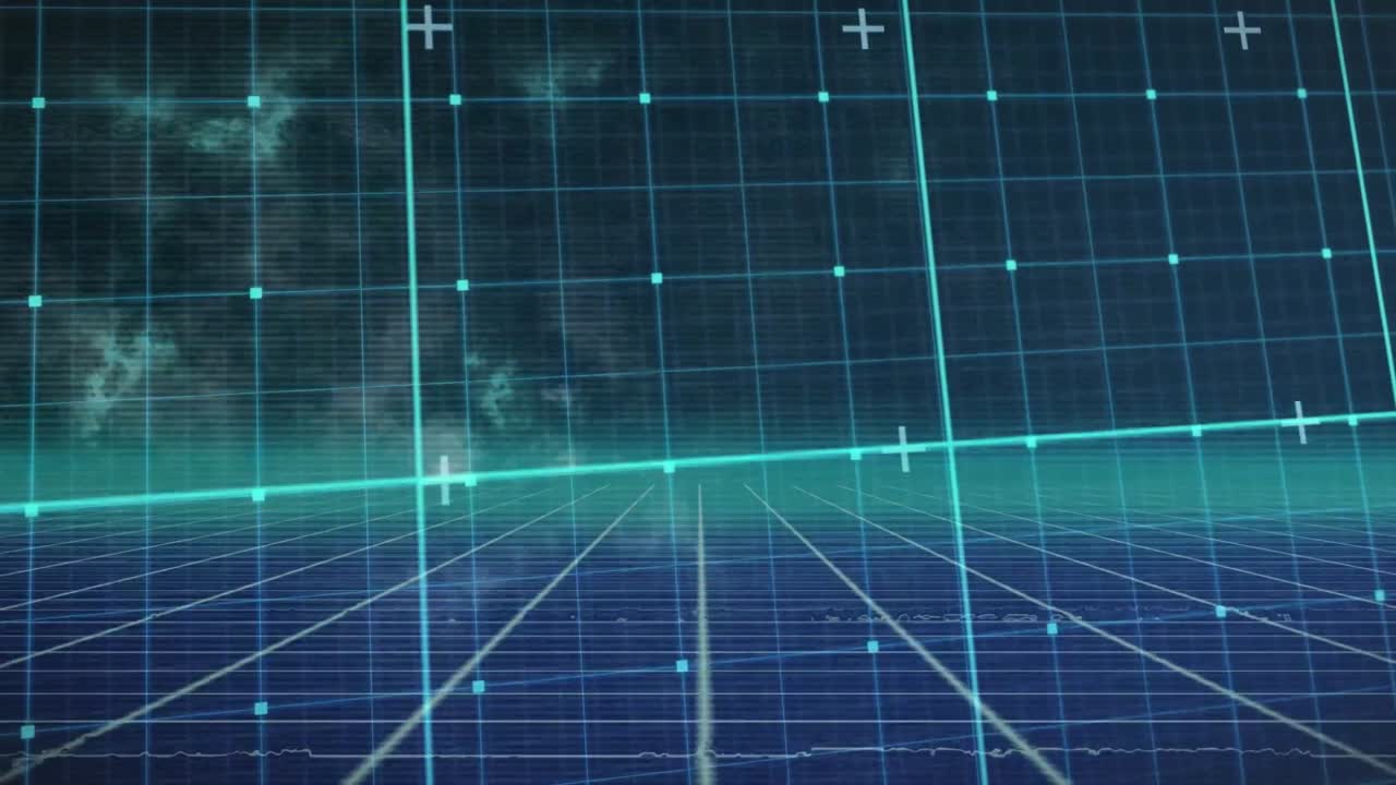 파란색 배경에 움직이는 녹색 그리드 네트워크의 애니메이션