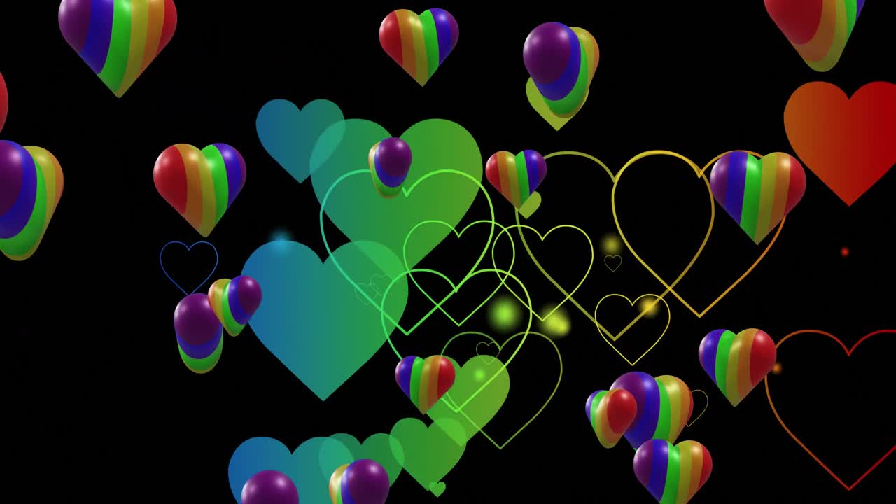 검은 바탕 위에 무지개 심장의 애니메이션