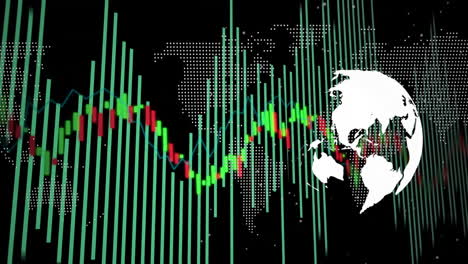 animation of financial data processing over globe and world map on black background