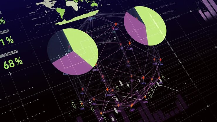 Animation of statistical data processing over globe of network of connections on black background