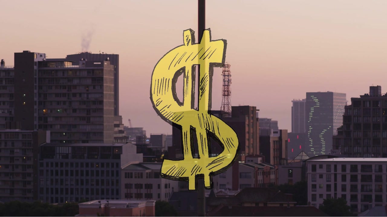 Sinal de dólar desenhado a caneta sobre o horizonte, com um poste cruzando a cena, preenchendo-se de dourado e desvanecendo, para finanças.