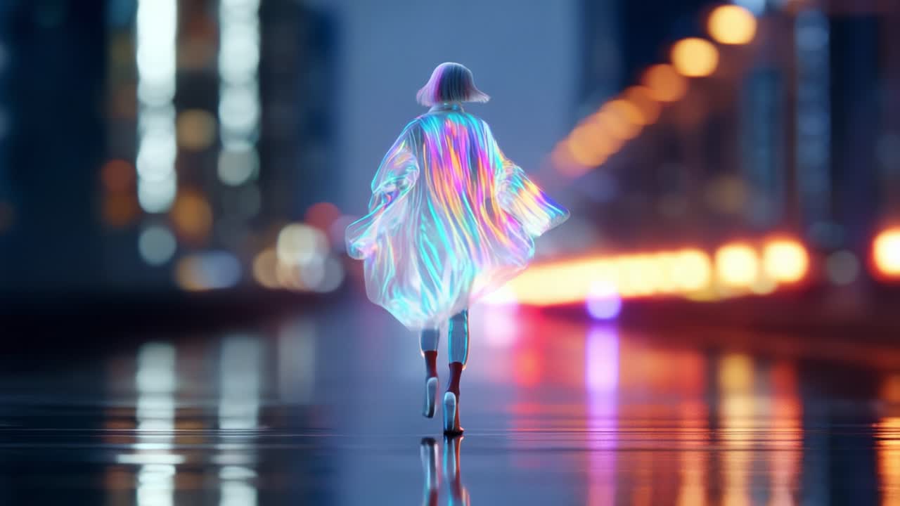 A solitary figure in a shimmering, translucent cloak walks along a city street at dusk, illuminated by vibrant, colorful reflections and the glow of distant lights, creating a dreamlike atmosphere