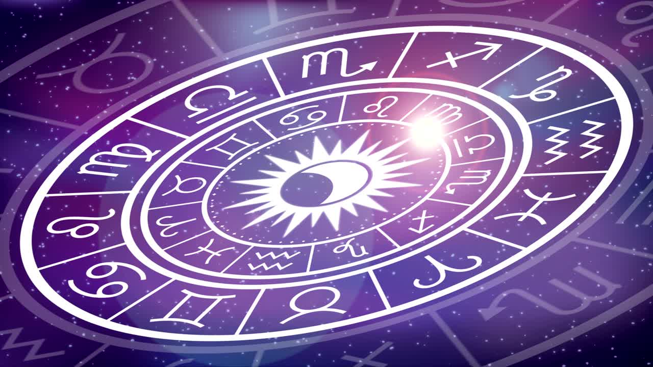 astrología horóscopo círculo con signos del zodiaco fondo vectorial. el cosmos, el espacio. acuario, libra, león, toro, cáncer, peces, virgo, capricornio, sagitario, arias, gemini, escorpio. púrpura violeta de moda