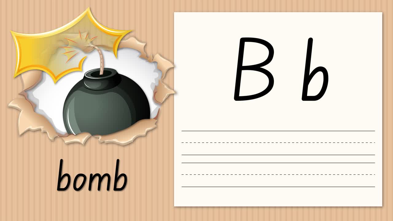Animated handwriting exercise teaches the letter B using a bomb illustration on lined paper background