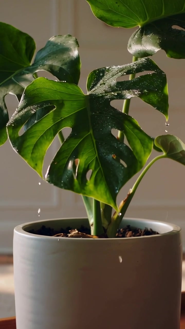 Video verticale: Raggio di sole fa cadere gocce da una pianta di Monstera su un vassoio a casa, vaso grigio