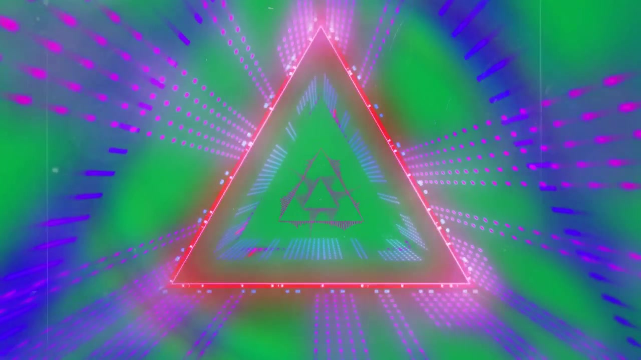 Durante la riproduzione, triangolo al neon che si delinea, pulsa e si ingrandisce per evidenziare il marchio su tela trasparente.