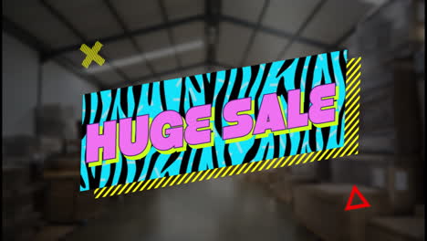 in warehouse, vibrant zebra pattern with huge sale text grabbing attention