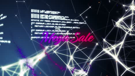 Animation-of-mega-sale-in-purple-and-pink-text-over-network-of-connections-and-data,-on-black