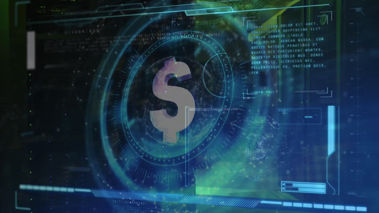 animación del signo de dólar en la cerradura giratoria de la caja fuerte sobre el procesamiento de datos y el servidor informático