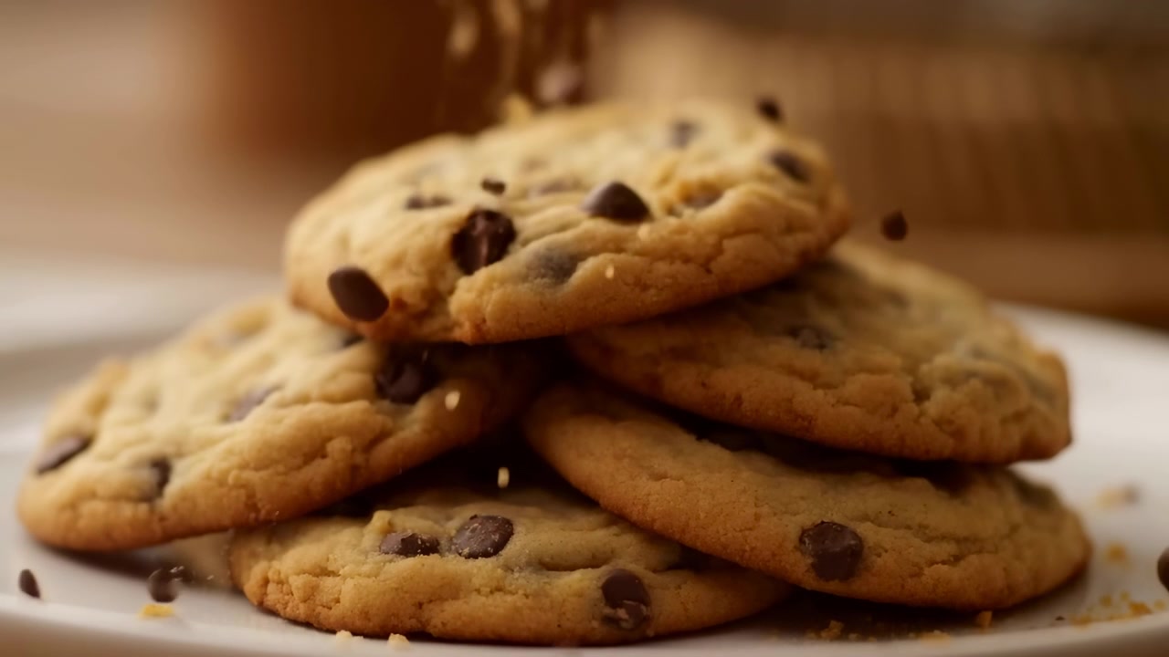 Stacked Chocolate Chip Cookies Closeup Crumbs Falling Over Warm Kitchen Plate, Golden Edges And Melty Chips,