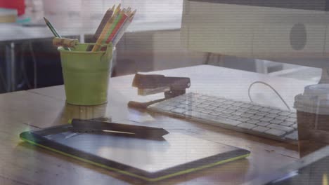 animation of desk over group of business people walking