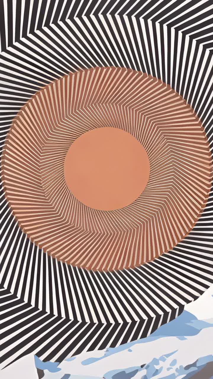Vertical video: Starting striped concentric disc rotating in abstract space, with glow forming