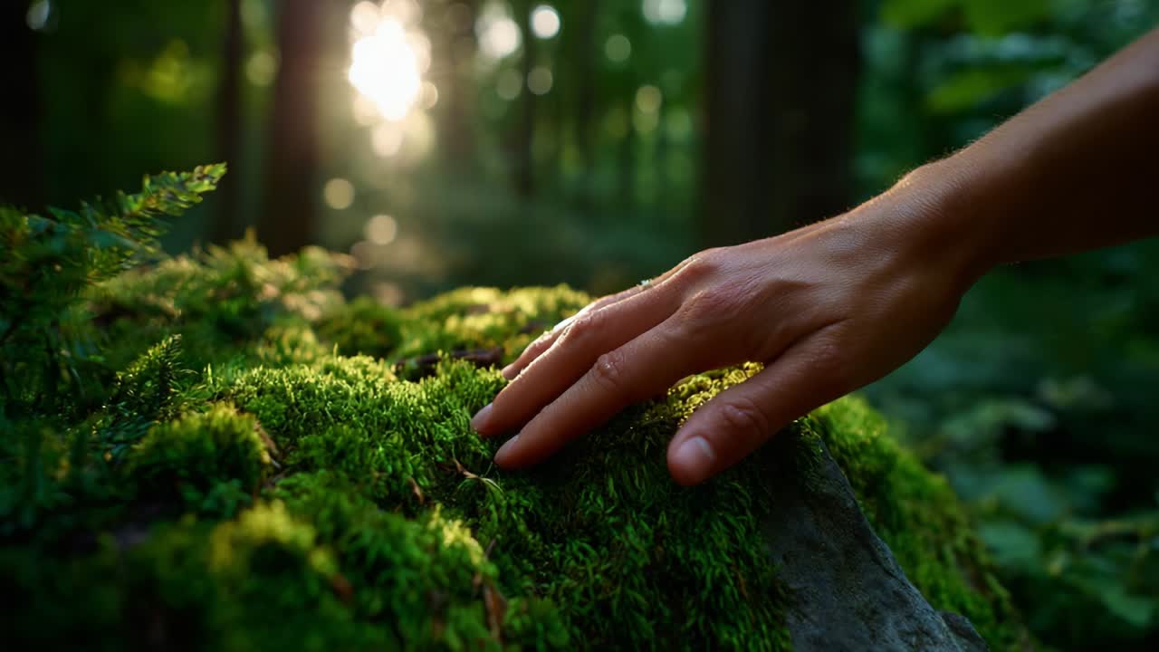 A Serene Encounter with Nature: The Gentle Touch of a Hand Embracing Lush Green Moss in a Sunlit Forest Setting, Highlighting the Beauty of the Wild and the Connection Between Human and Earth