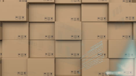 screens with data processing against stack of delivery boxes moving