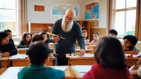 teacher showing a model airplane to students in a classroom