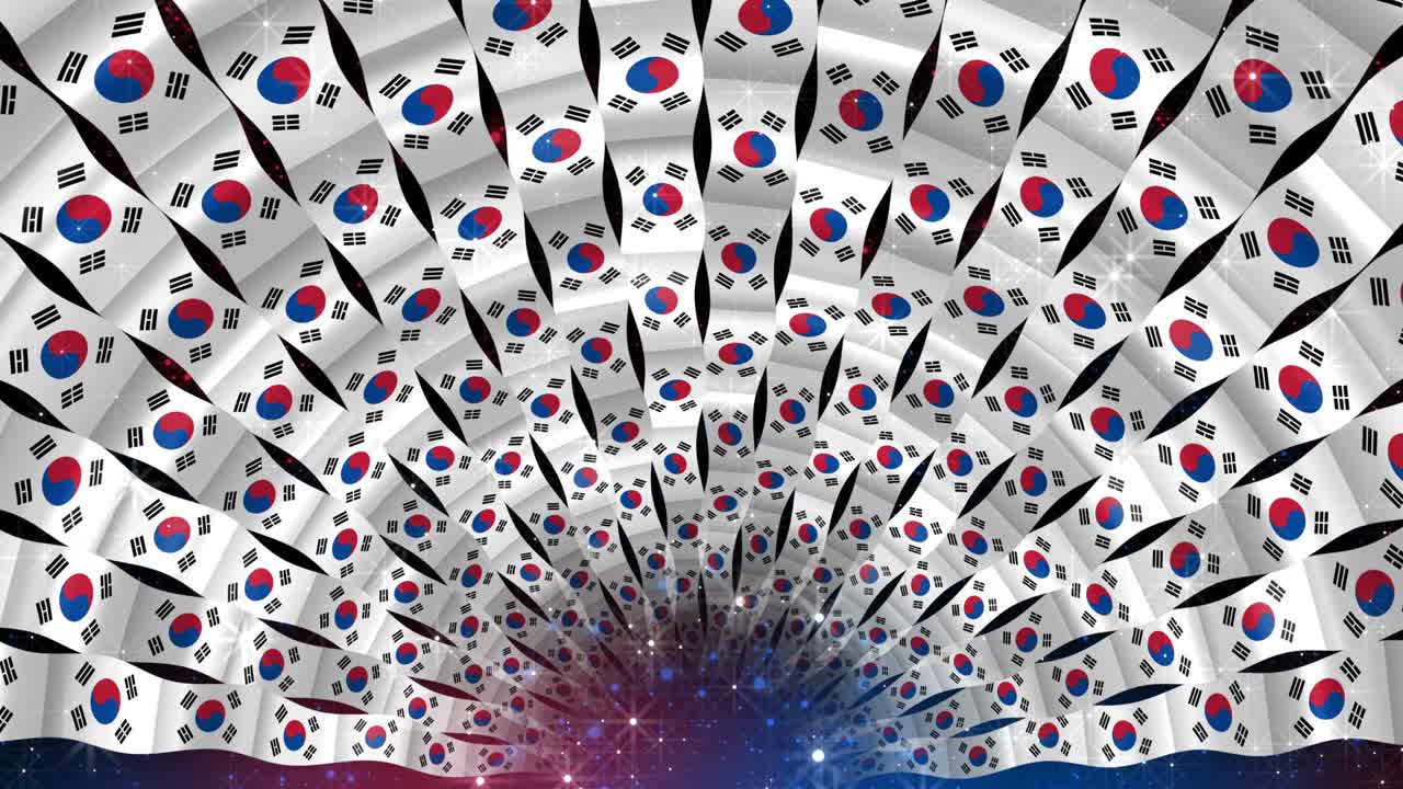 한국의 배경: 국가 발을 흔들고 있는 리본, 발과 별의 터널이 있는 시볼릭 아치.