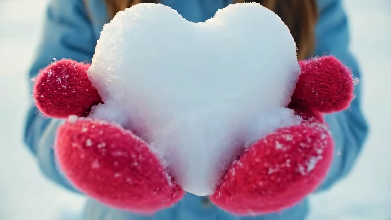 Close-up video shot of hands in red mittens holding a heart-shaped snowball, winter theme