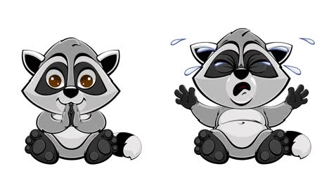 cartoon baby raccoon rejoices and cries. set of emotions of animated characters, mascots. loop, transparent background with alpha channel.