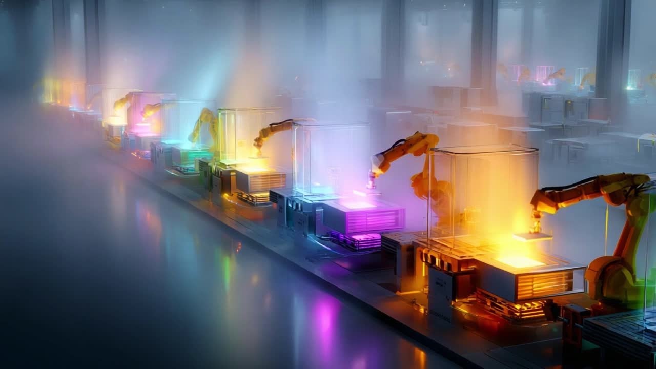A Stunning Display of Robotic Automation in a High-Tech Factory Setting Illuminated by Vibrant LED Lights and Mist, Showcasing the Future of Manufacturing Technology in Action