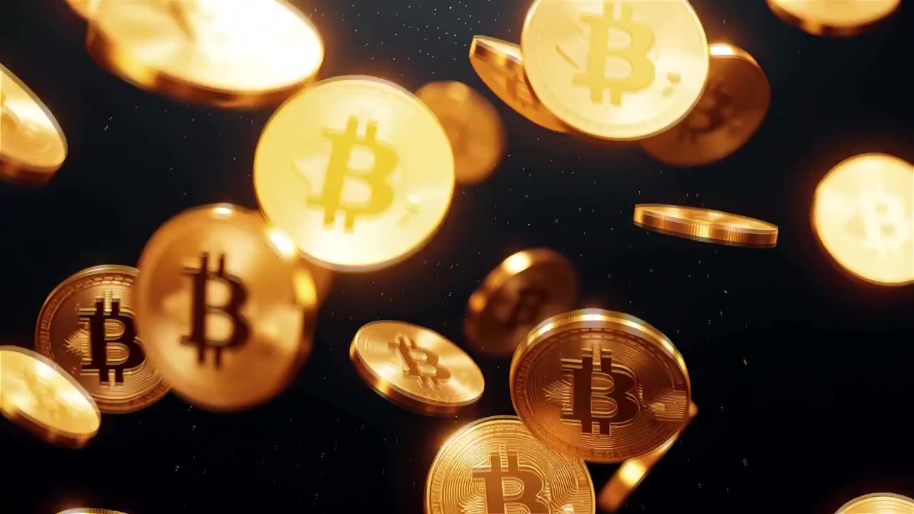 Bitcoin in rotazione su sfondo nero drammatico 4k