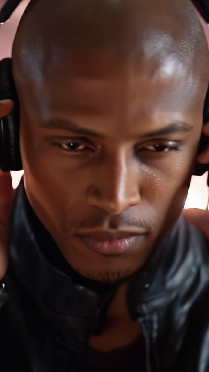 Close-up of a focused man with headphones. Dark skin, shaved head, closed eyes. Wears a black leather jacket. Downtempo music flows through the headphones. Perfect for music, DJ