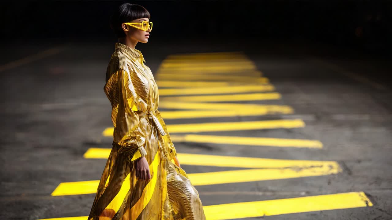 Una modella alla moda con un vivace abito giallo cammina con sicurezza tra audaci strisce gialle in un ambiente urbano moderno, mettendo in mostra stile ed eleganza.