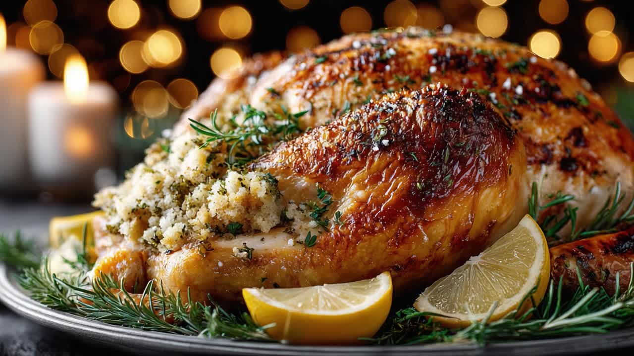 A Deliciously Roasted Turkey Garnished with Fresh Herbs, Savory Stuffing, and Lemon Slices, Perfectly Displayed for a Festive Occasion with Glowing Background Lights