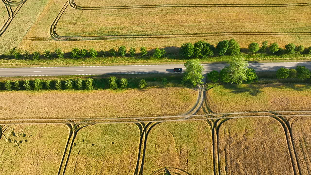 Aerial View of a Road Through Golden Crop Fields