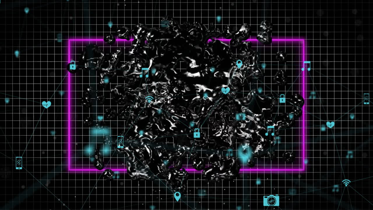 검은색 배경의 모양 위에 아이콘으로 연결된 네트워크의 애니메이션