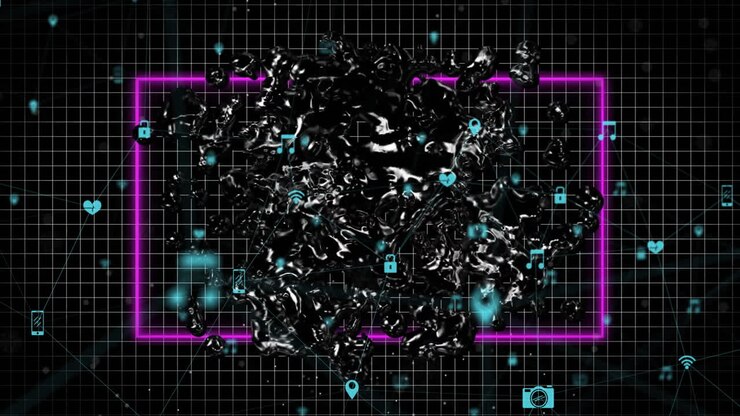 Animation of network of connections with icons over shapes on black background