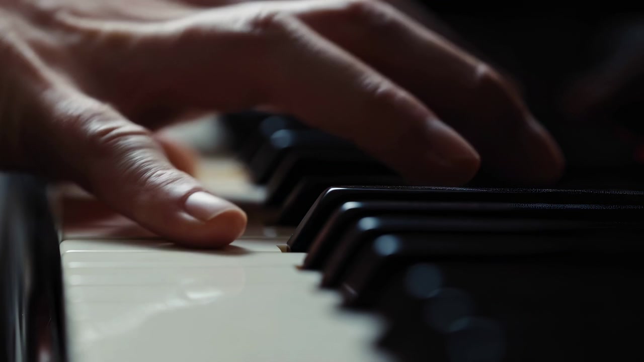 Curved fingertips press midrange piano keys in warm indoor low light, showing slight key movement, tactile contact, and concentrated playing with soft shadows, rich contrast, and intimate musical mood