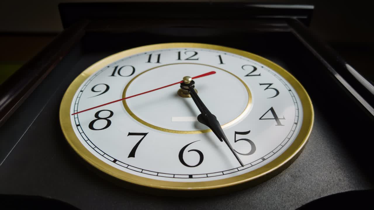 Timelapse of Full Turn of Time Hands at 5 PM or AM on Vintage Clock