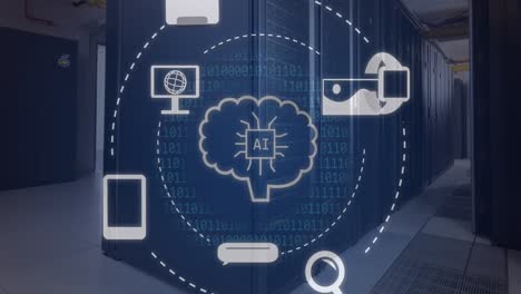 animación de un procesamiento de datos e iconos a través de servidores informáticos