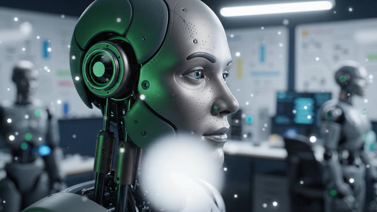 Futuristic Robots in a High-Tech Environment: A Close-Up Perspective Showing Advanced AI and Robotics Development within a Modern Laboratory Setting