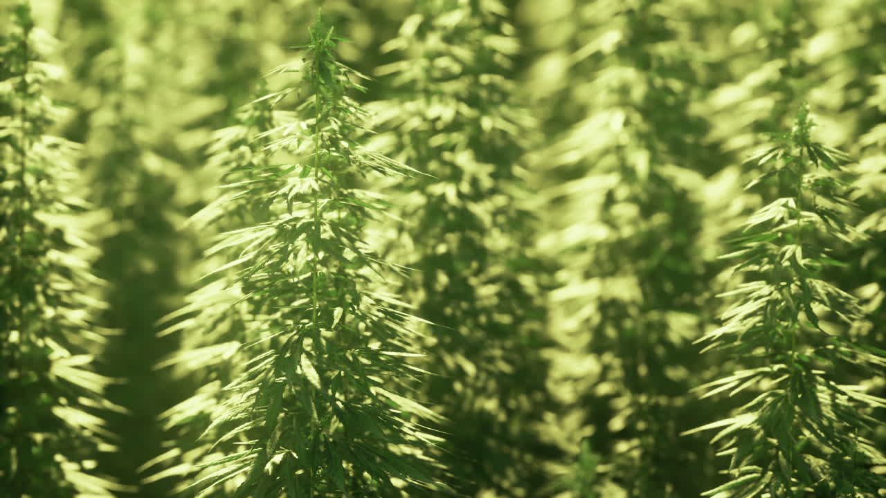 Green hemp plants thrive in rows under warm sunlight in the field