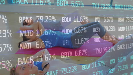 People exercising on mats with stock market data overlay animation