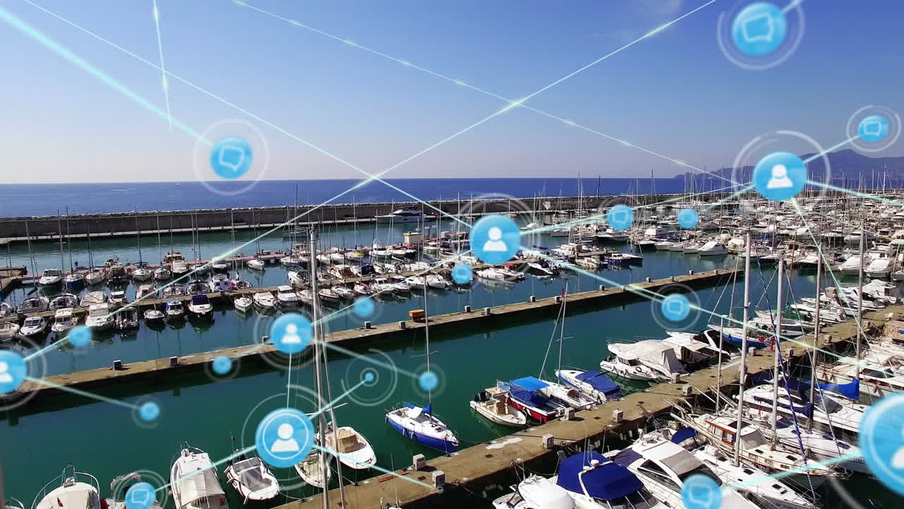 animación de la red de conexiones con iconos sobre el puerto