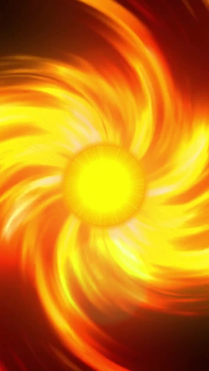 Video verticale: Scintilla di bagliore che si accende, spirale solare che emerge, ruotando verso l'esterno e sfumando per mostrare energia.