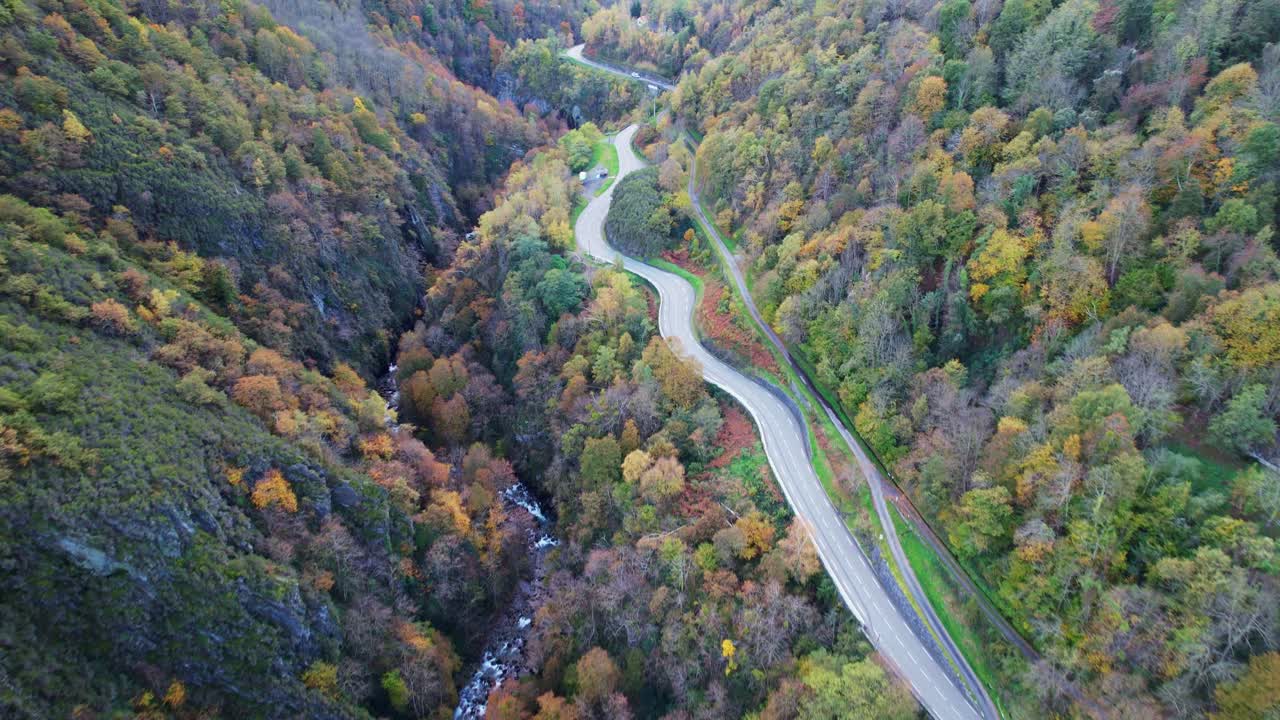 Scenic road in Pyrenees, lush autumn colors, peaceful drive