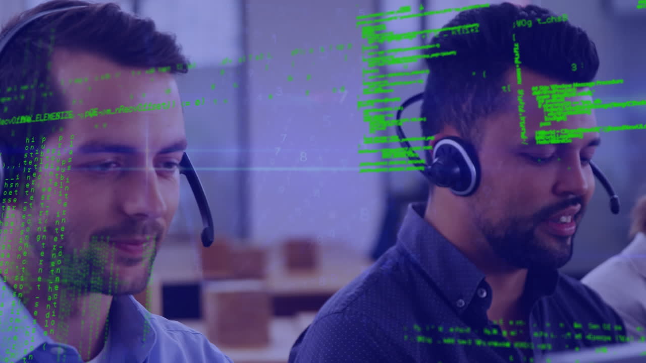 Animation of data processing over diverse business people wearing phone headsets