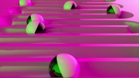 bright colorful background with rolling balls along the paths. plastic ball rolling in geometry deepening. 3d animation of a seamless loop