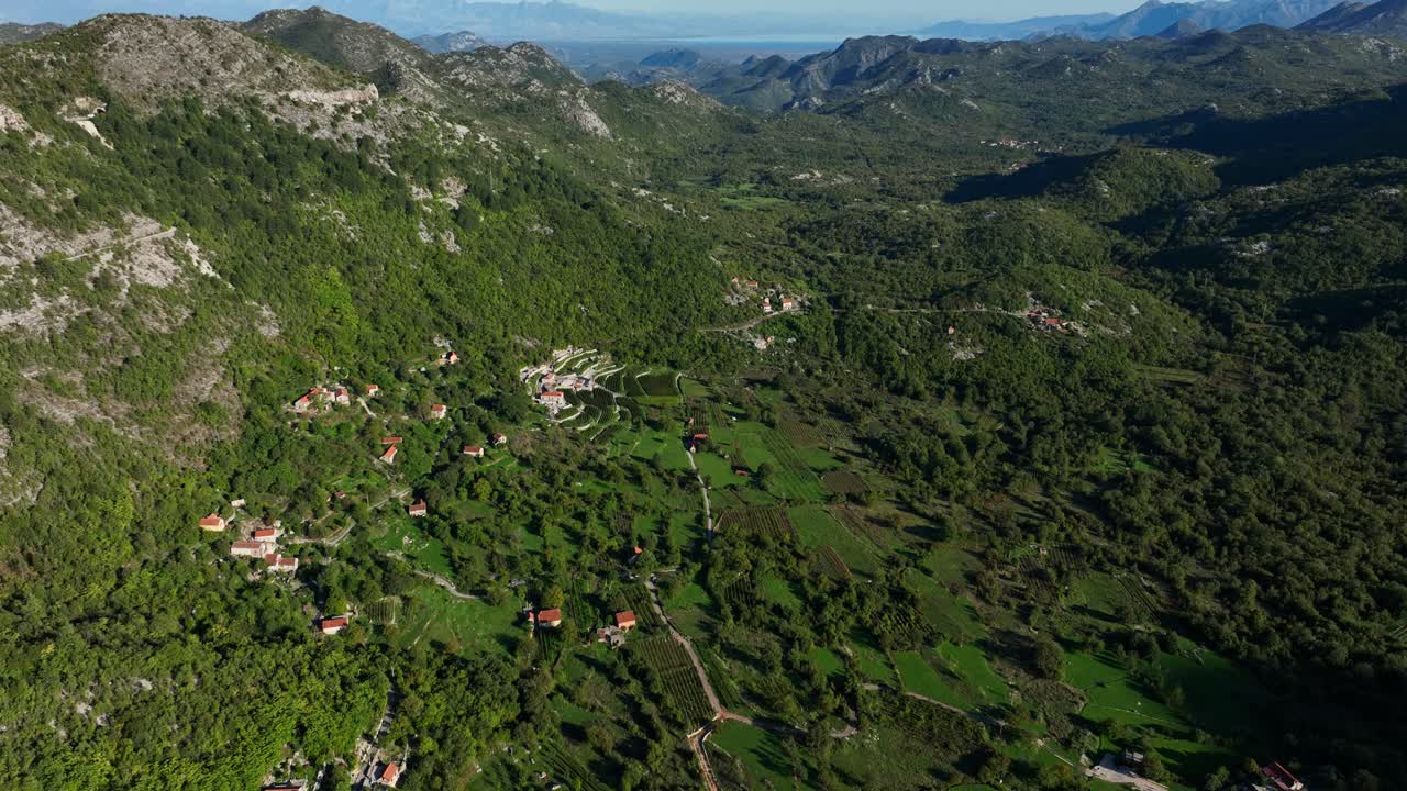 Lush valley with scattered houses in Montenegro, seen from aerial drone in summer