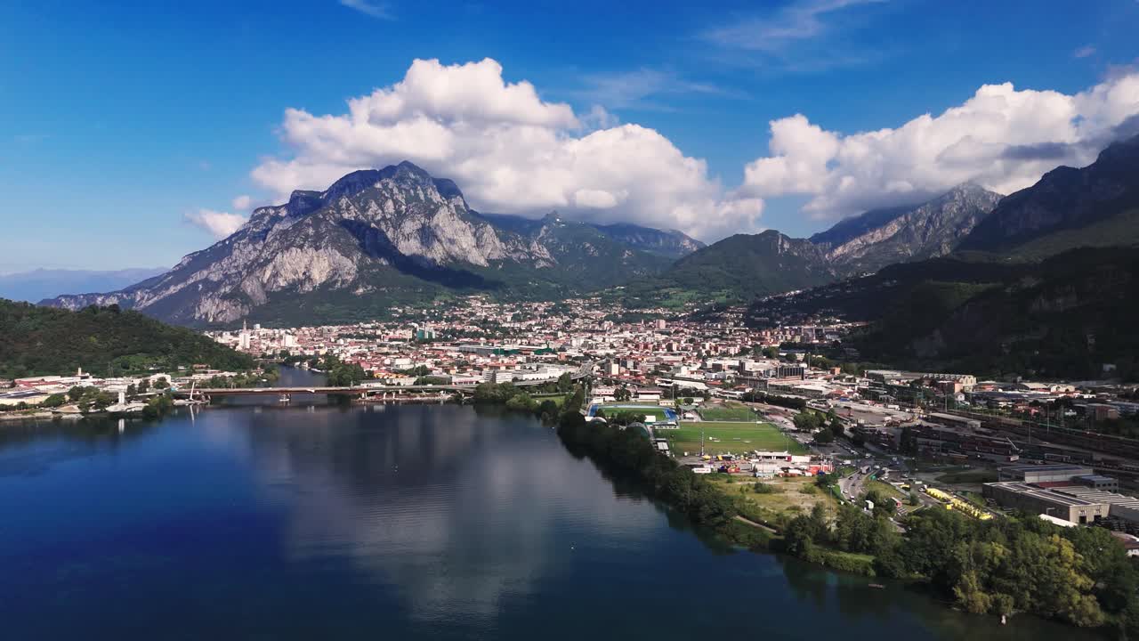 Drone view of Lecco, Lake Garlate, mountains and more, Italy