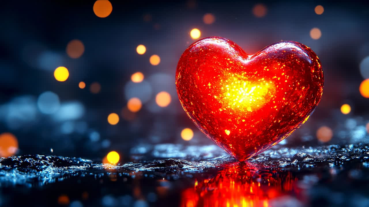 Glowing red heart at night. A bright red heart resting on a dark surface, surrounded by glowing lights that create a festive mood